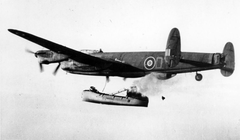 Avro Lancaster ASR Mk III RF324 of No. 279 Squadron RAF dropping lifeboat