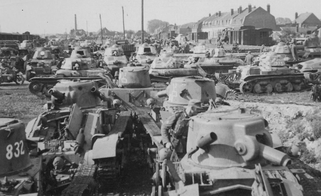 A11 Matilda I tanks and French tanks in an armour junkyard somewhere in France