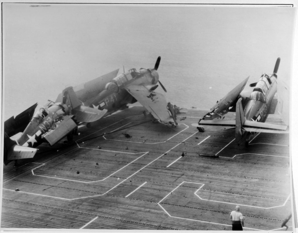 Immediately after the crash, the Wildcat has disappeared over the bow