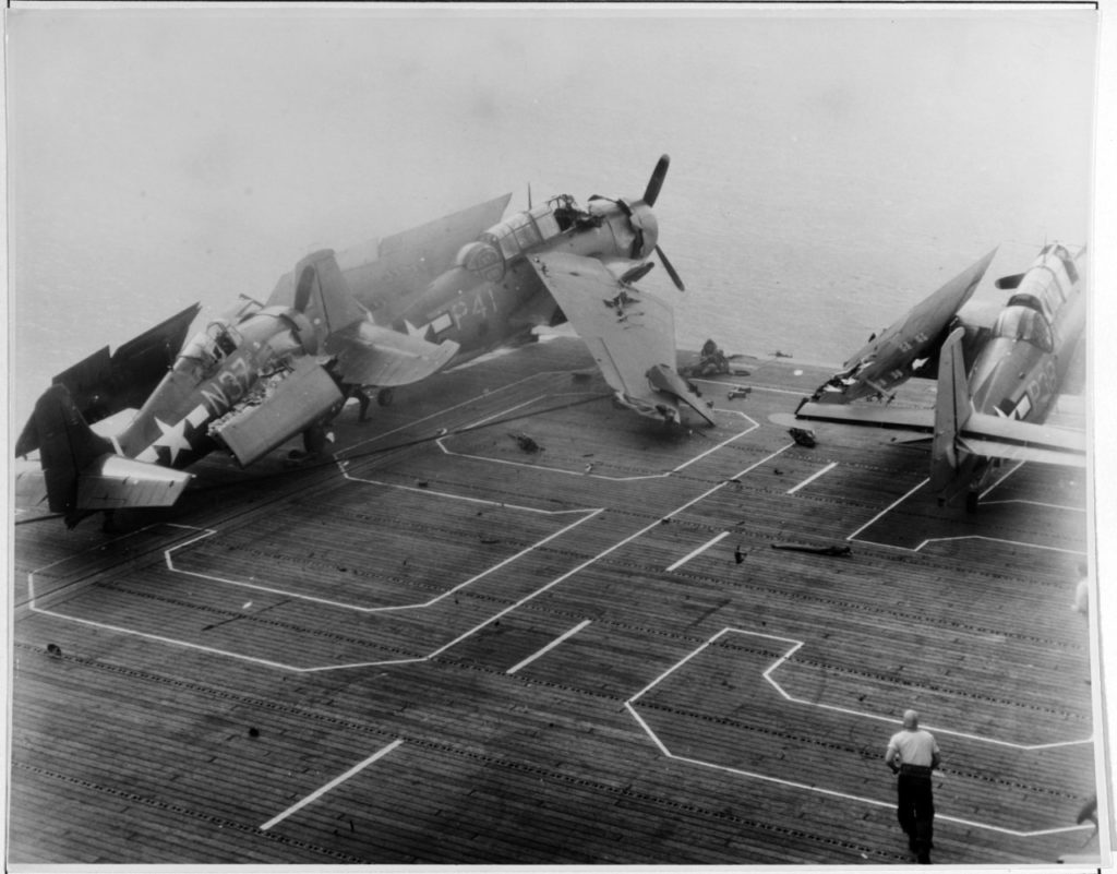 Immediately after the crash, the Wildcat has disappeared over the bow