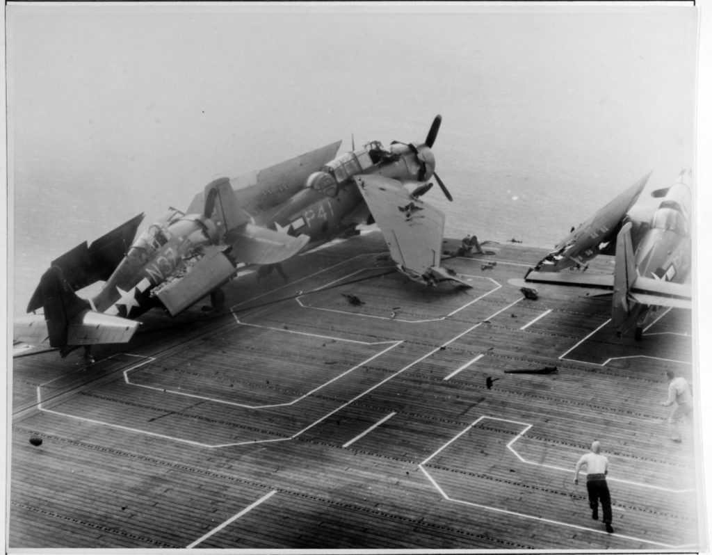 Immediately after the crash, the Wildcat has disappeared over the bow