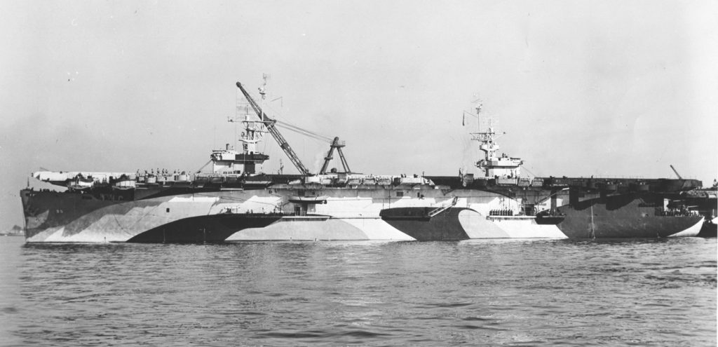 USS Bismarck Sea CVE-95 at Kaiser Shipyard, Vancouver, Washington, just before commissioning on 20 May 1944