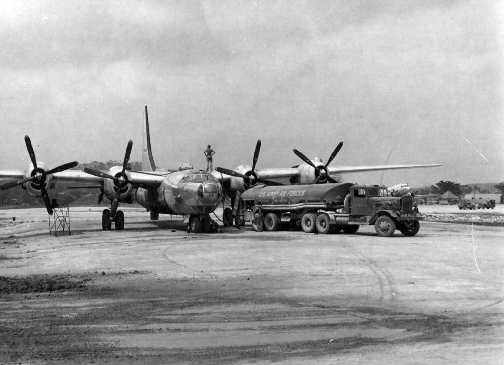 Consolidated B-32 Dominator 42-108543 of the 312th Bomb Group refuelling Yontan airfield Okinawa.