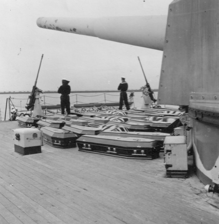 December 14, 1939 An honour guard stands by the coffins of the men killed in the Battle of the River Plate