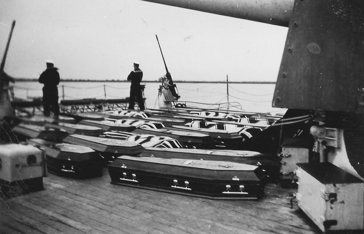 December 14, 1939 An honour guard stands by the coffins of the men killed in the Battle of the River Plate