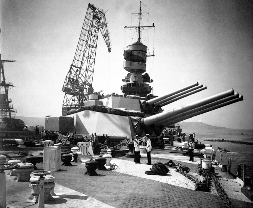 Forward guns on the Italian battleship Roma as she was being fitted out in 1943