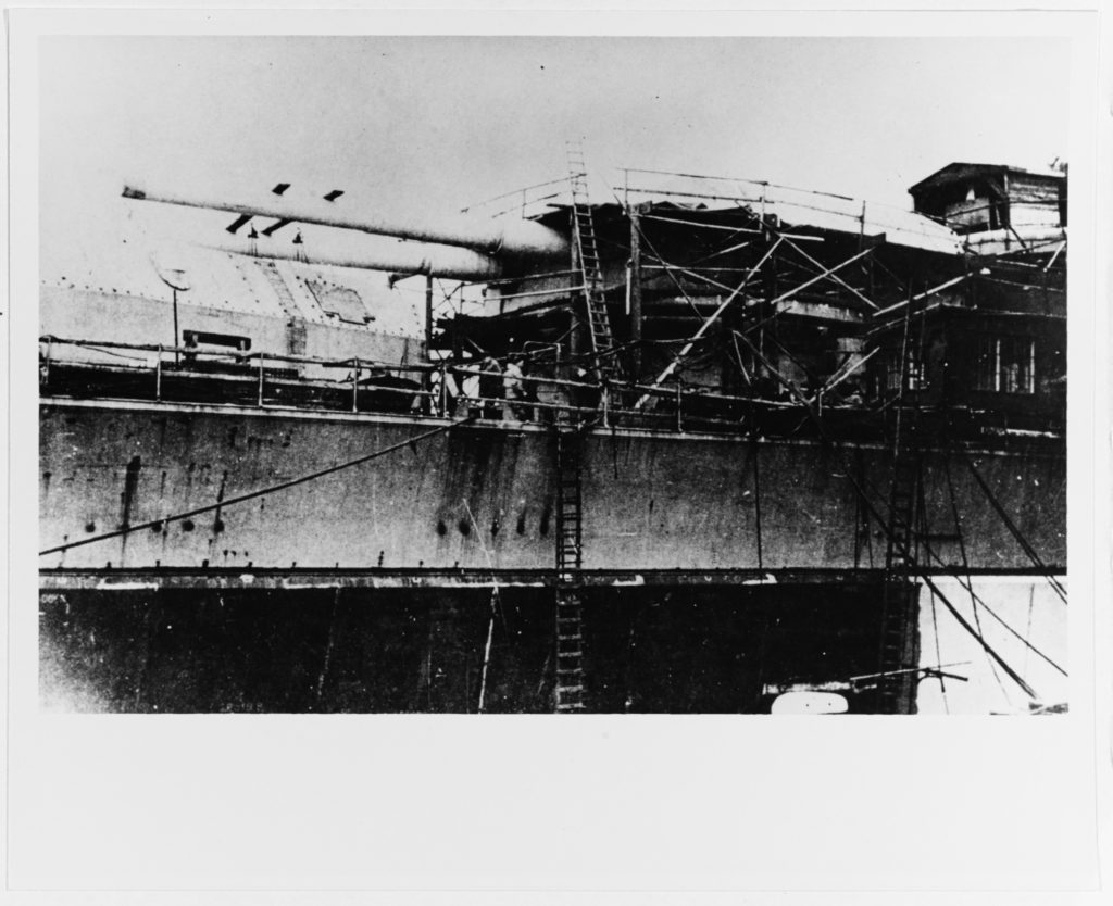 Bismarck fitting out at the Blohm & Voss, Dec 1939. Shows details of her forward twin 380mm Guns