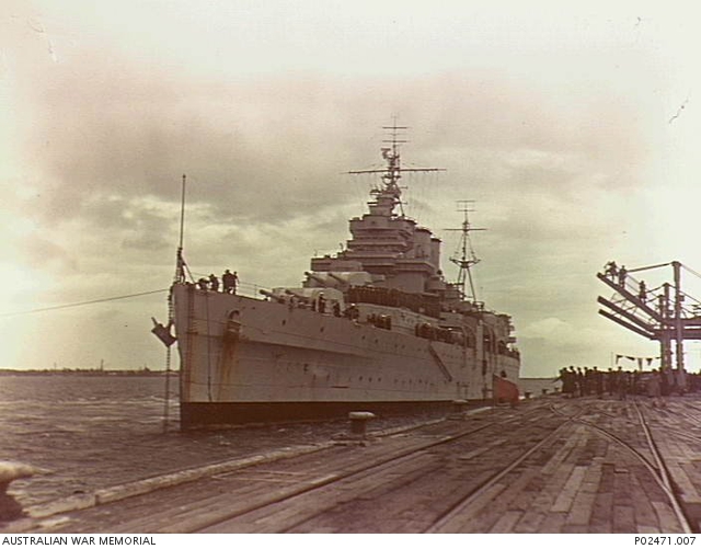 HMAS Shropshire carrying returning troops of the Australian victory contingent, berths at Prince's Pier