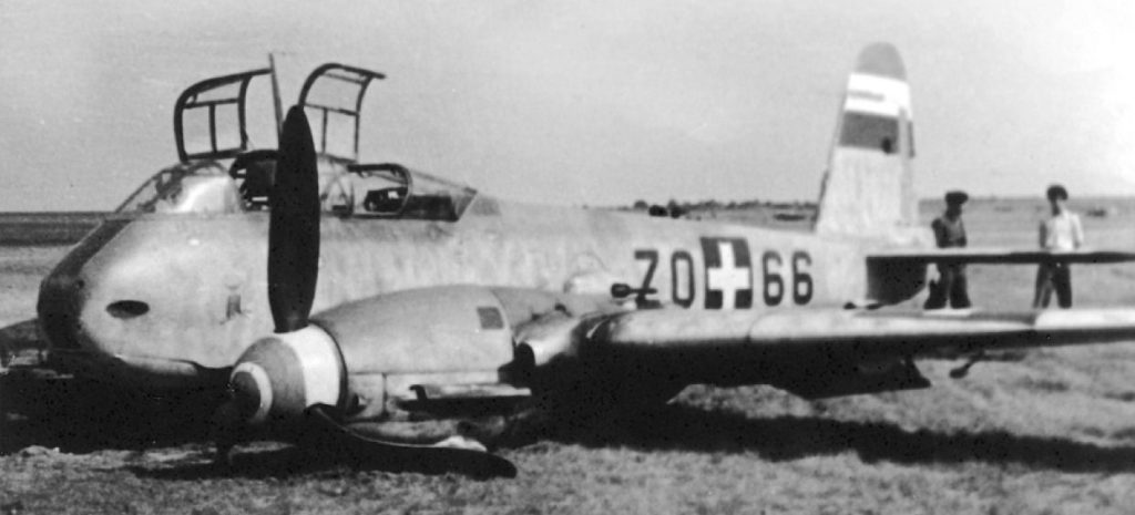 A crashed Royal Hungarian Air Force Messerschmitt Me 210 Ca-1