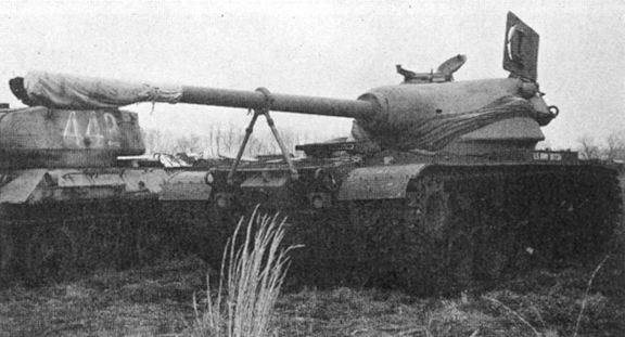 The T54E1 Tank with its 105mm gun in an oscillating turret in travel position