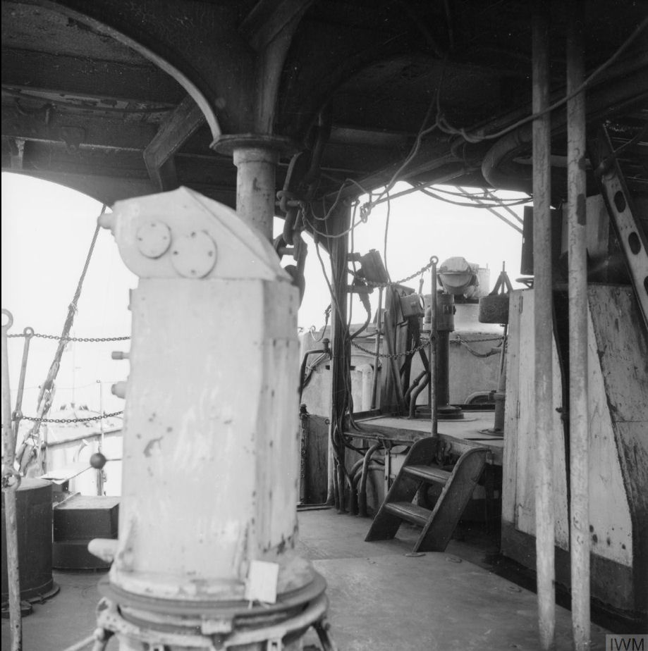 View forward from halfway up the bridge - fire control instruments in the foreground