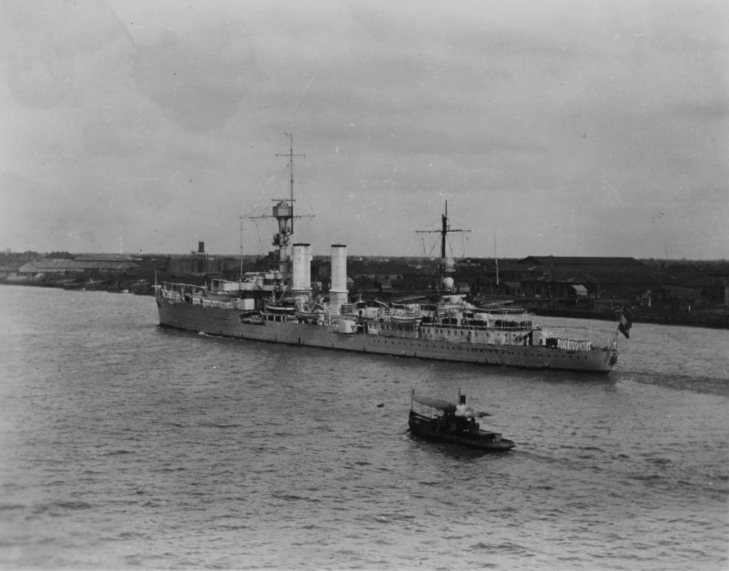 1931, Emden heading downstream from Shanghai, China. Taken from USS Houston