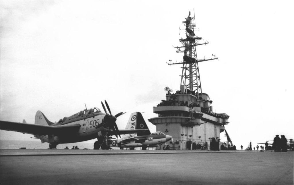 Minas Gerais A-11 with Gannet turboprops and British Sea Hawk fighters in sea tests