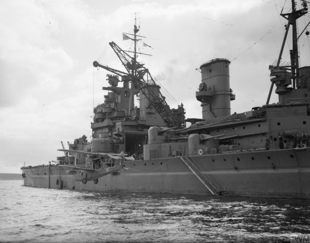 Supermarine Walrus is hoisted on HMS Prince of Wales, 1941