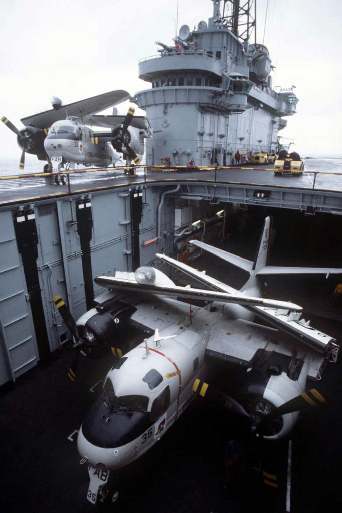 An S-2E Tracker aircraft is carried on an elevator on Minas Gerais A-11 the naval exercise UNITAS XXV