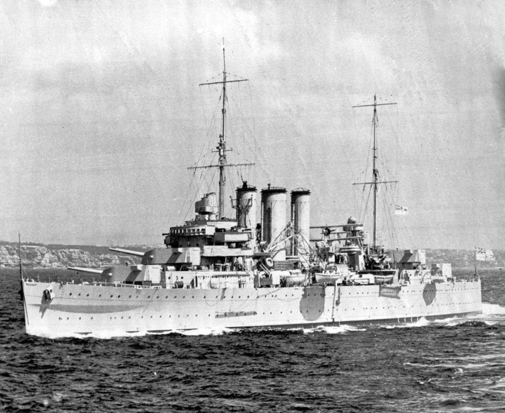 HMAS Australia (II) at sea during target practice at the start of World War II, in the Philippines, Oct 19, 1939