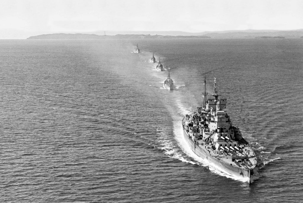 HMS Howe leading a destroyer column off Coromandel