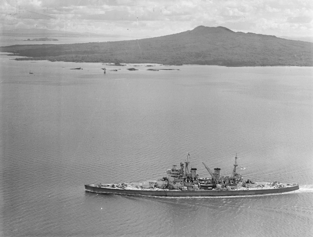 HMS Howe off Rangitoto Island, New Zealand, in February 1945