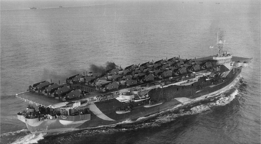 HMS Thane leaving Chesapeake Bay heading for New York, October 5th 1944 with a ferry load of Grumman Hellcats