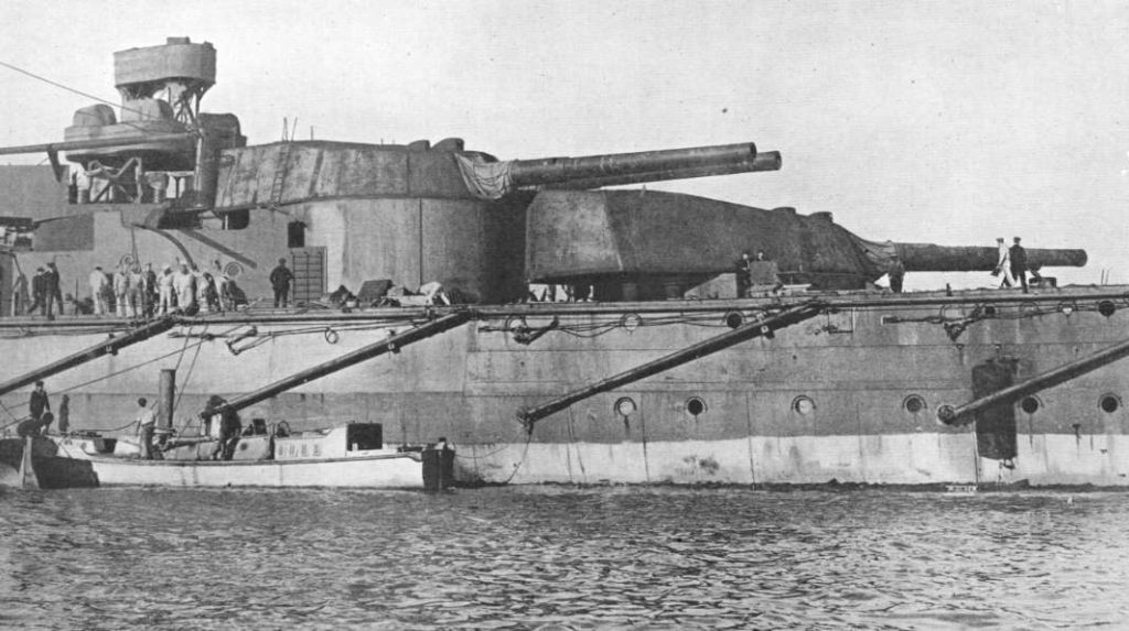 X and Y 13.5 inch gun turrets of HMS Thunderer