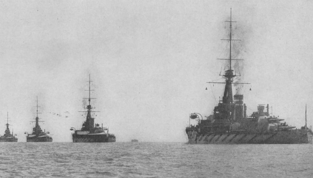 Ships of the 2nd Battle Squadron of the Royal Navy's Grand Fleet in World War I. From left to right, HMS King George V, Thunderer, Monarch, Conqueror