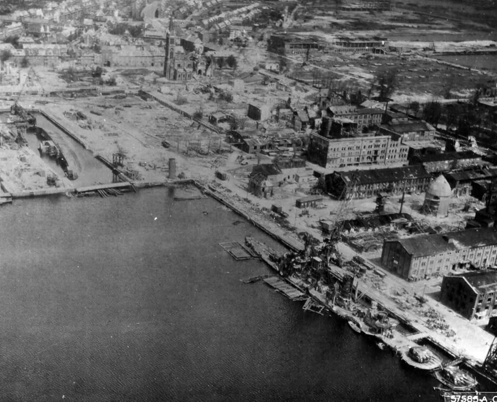 Wreck Köln at Wilhelmshaven Shipyards, 1945