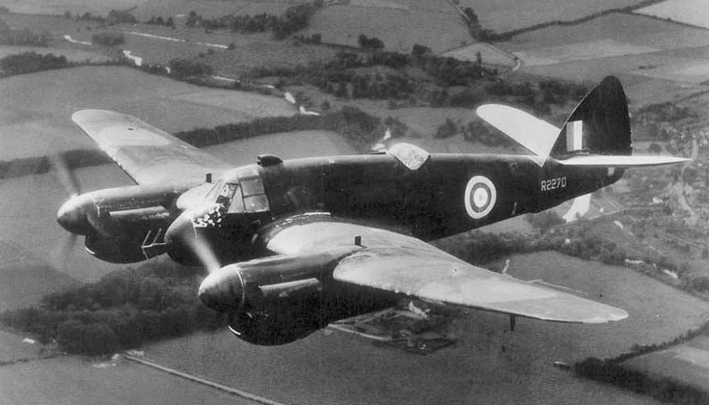 First production Beaufighter Mk IIF night fighter, R2270, fitted with dihedral tailplanes and equipped with AI radar