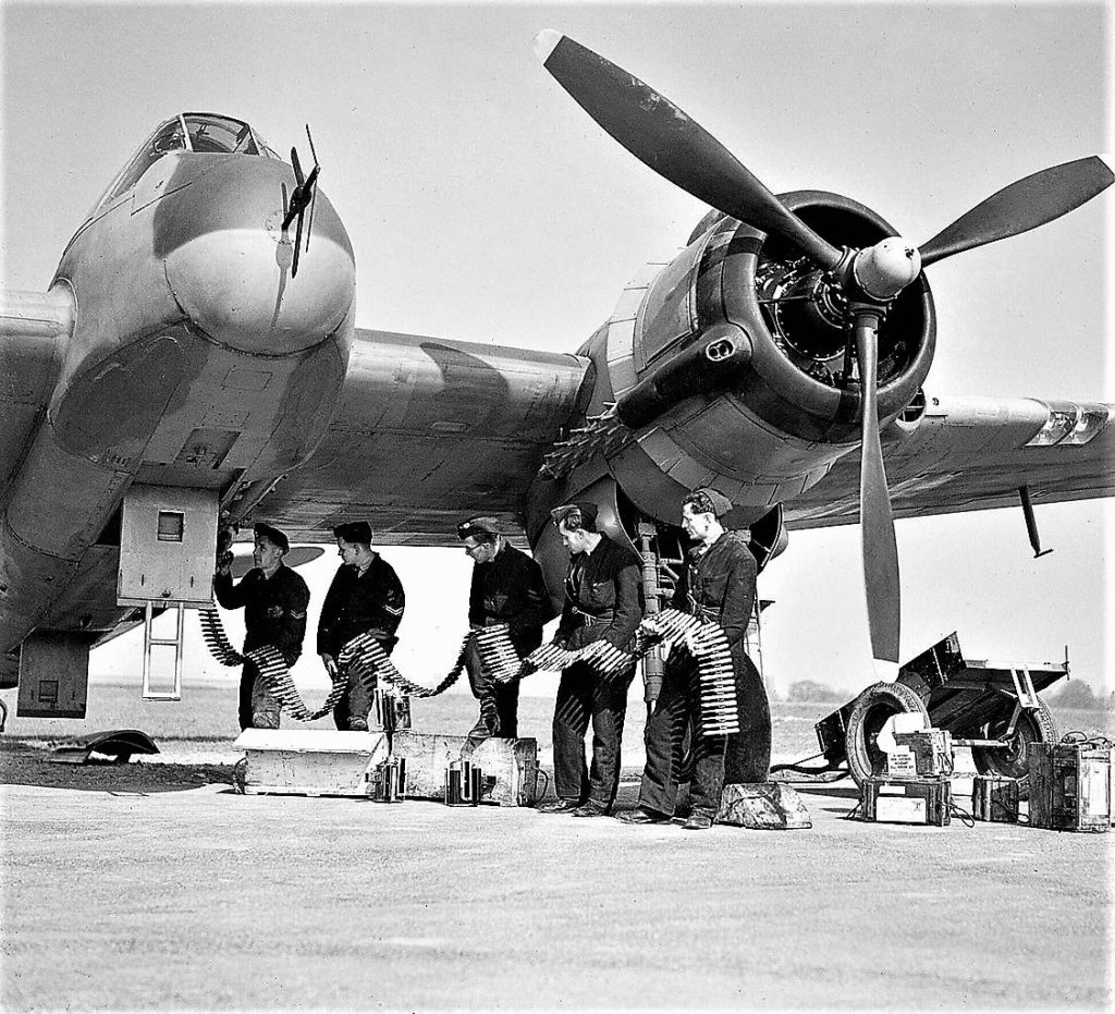 Bristol Beaufighter Mk VIF V8748 ZJ-R of 96 Sqn being re-armed at Honily