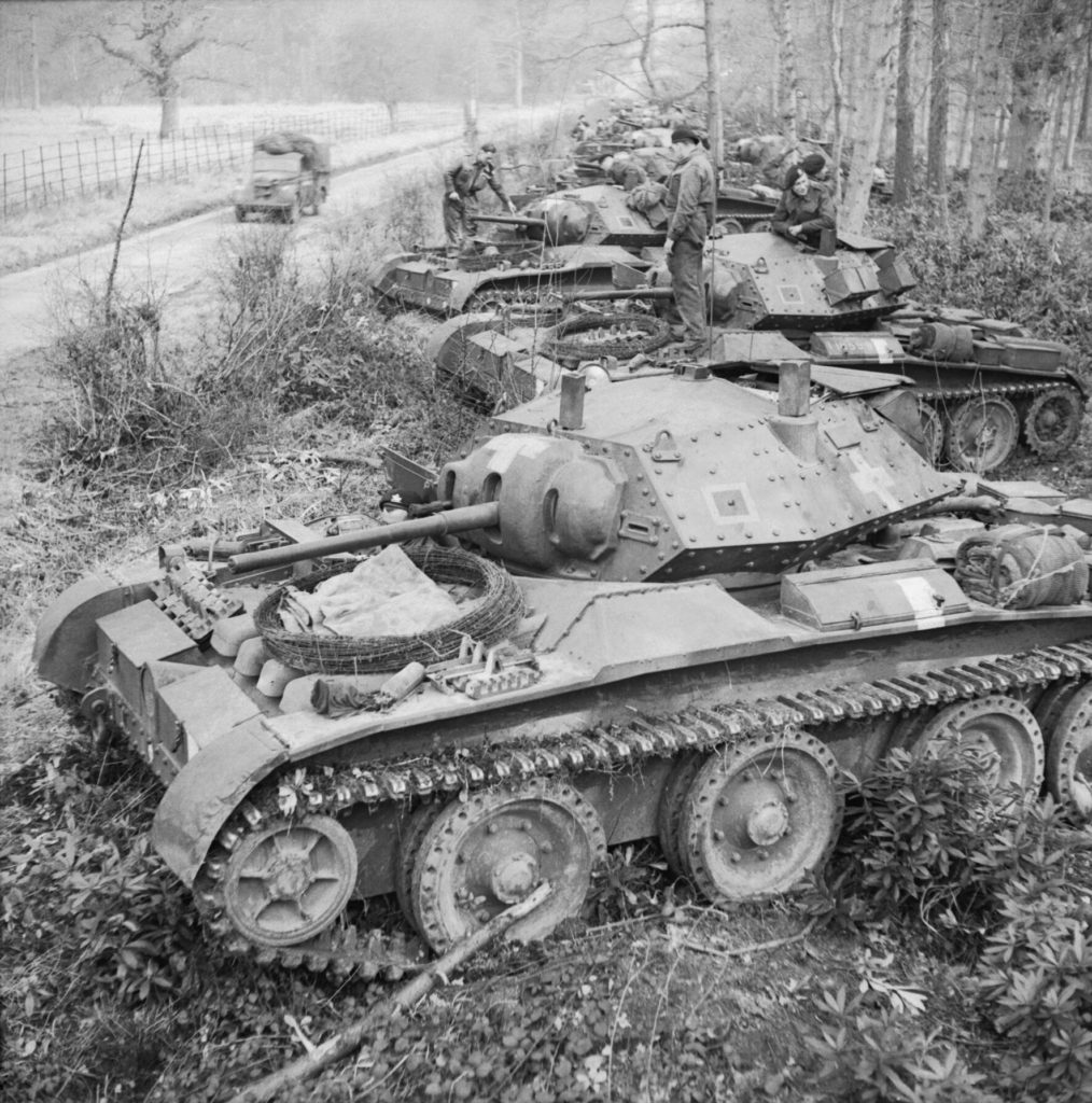 Covenanter tanks by the side of a road during Exercise 'Spartan', 6 March 1943