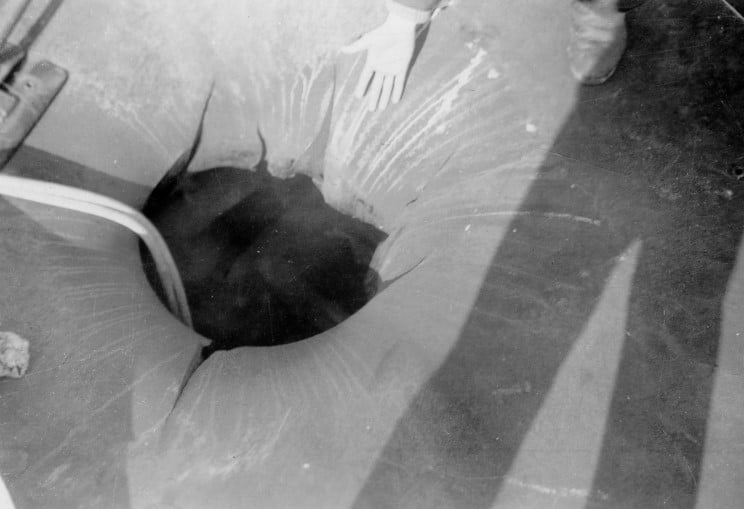 January 1941 Hole in the armoured flight deck where a 1,250 lb. bomb crashed through.