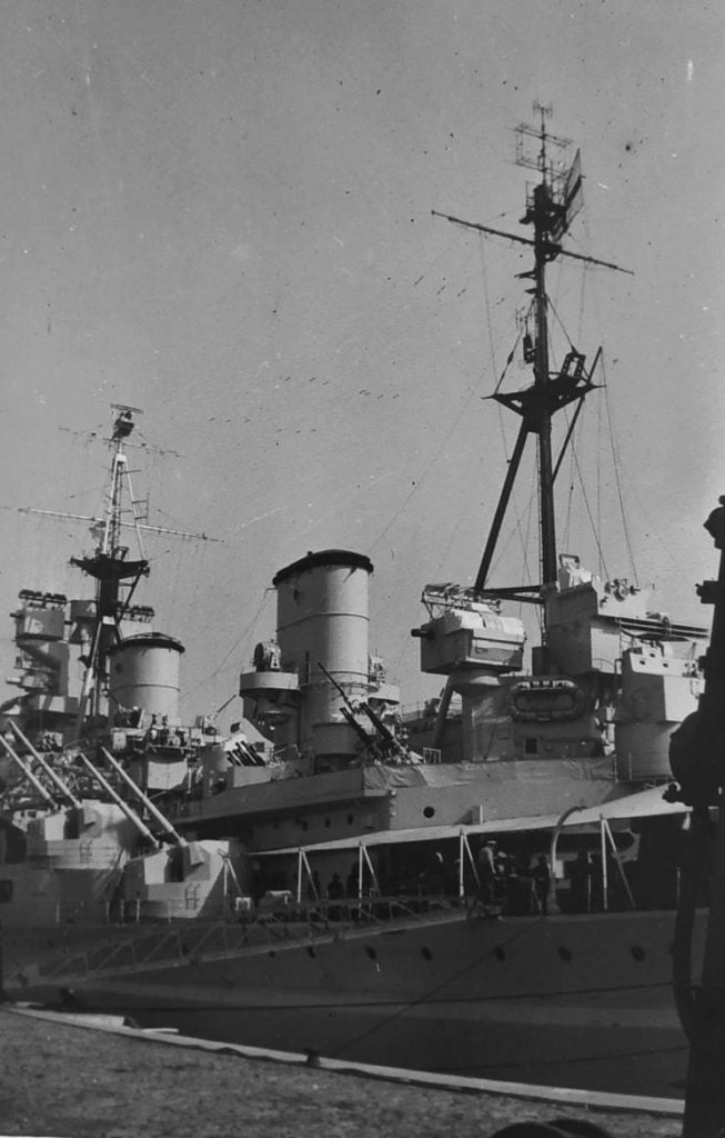 HMS Duke of York while berthed at Alcântara pier, Lisboa, Portugal. April 19, 1949