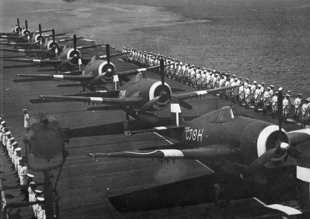 Grumman Hellcat MkII of 800NAS C3H on HMS Emperor entering Singapore 1945