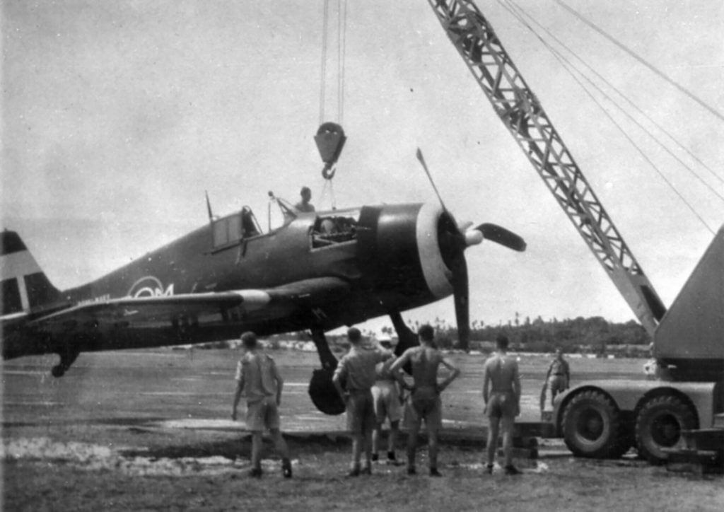 Grumman Hellcat MkII C3M JZ931 of 800NAS from HMS Emperor 1945 being recovered after a crash