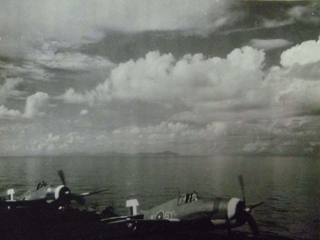 Hellcats K6Y and K6Z, 808 Squadron, prepared for launch from HMS Khedive (D62), 1945.