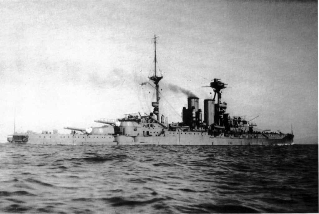 HMS Warspite 1918 with flying off platforms on X and Y