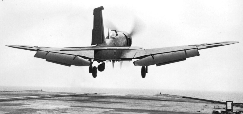 A 778 Squadron Firebrand TF.IV taking off from HMS Pretoria Castle September 1945