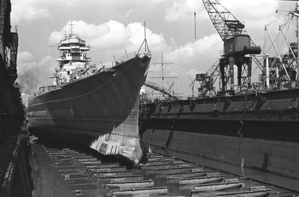 Bismarck in floating dry dock, Hamburg, July 1940