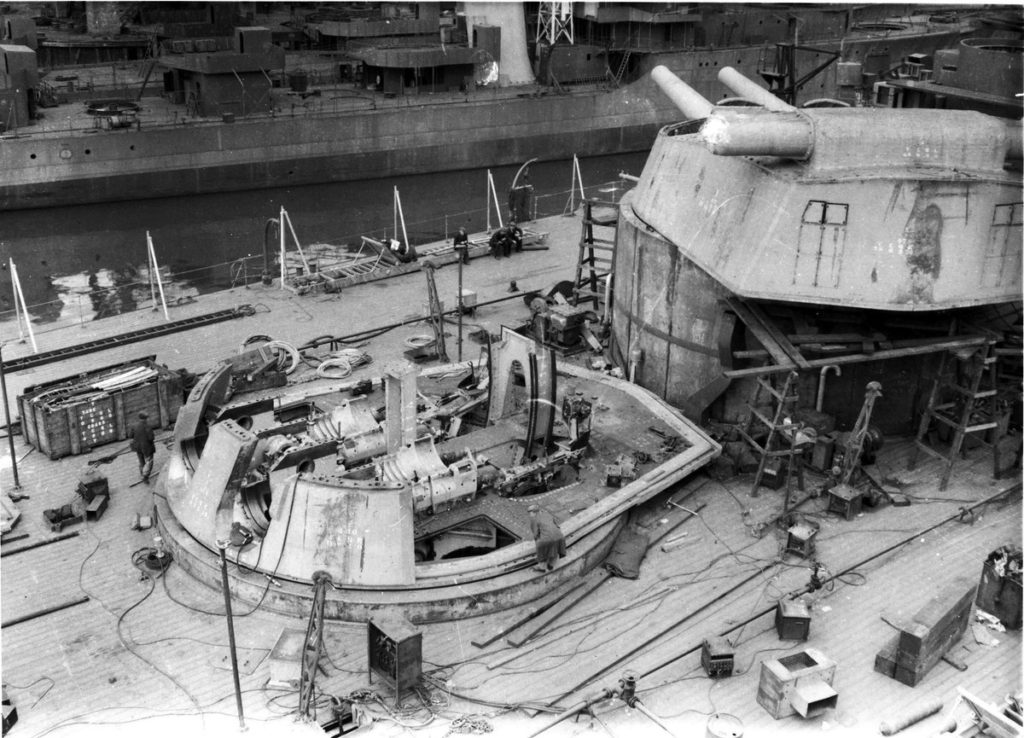 HMS Vanguard's turrets under construction