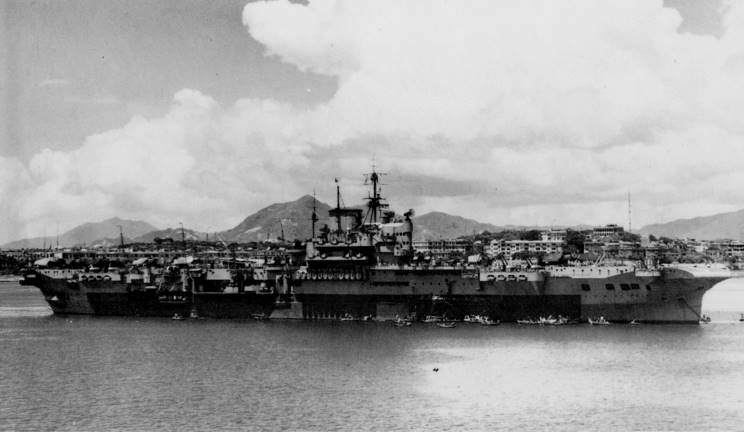 HMS Indomitable, possibly at Colombo, Ceylon in April 1946