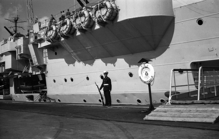 HMS Indomitable seen at Casablanca, Morocco in March 1953 during her last Mediterranean Cruise