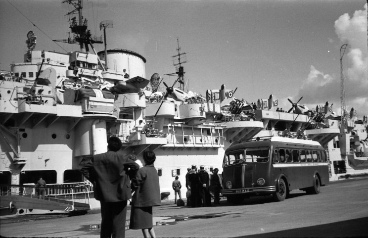 HMS Indomitable seen at Casablanca, Morocco in March 1953 during her last Mediterranean Cruise