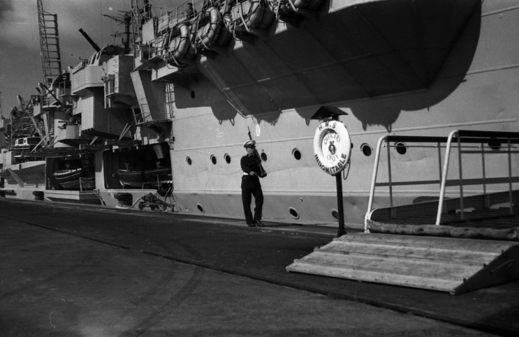 HMS Indomitable seen at Casablanca, Morocco in March 1953 during her last Mediterranean Cruise