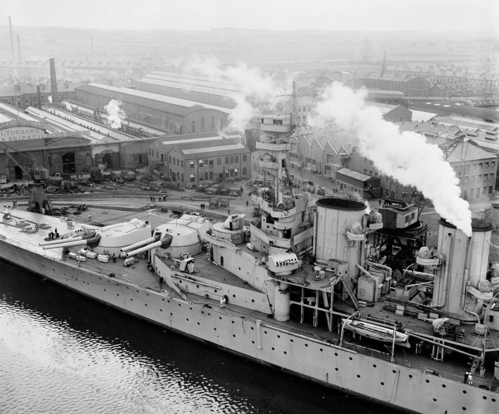 HMS Repulse while in the final stages of construction at Clydebank