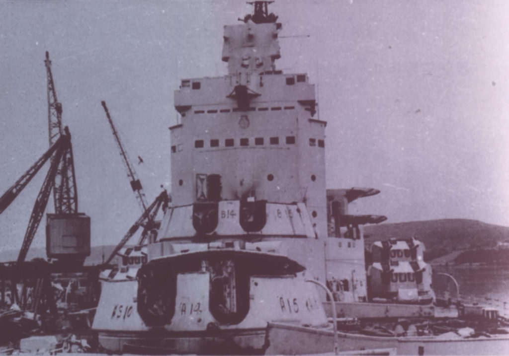 HMS Vanguard with her 15" guns removed during scrapping at Faslane