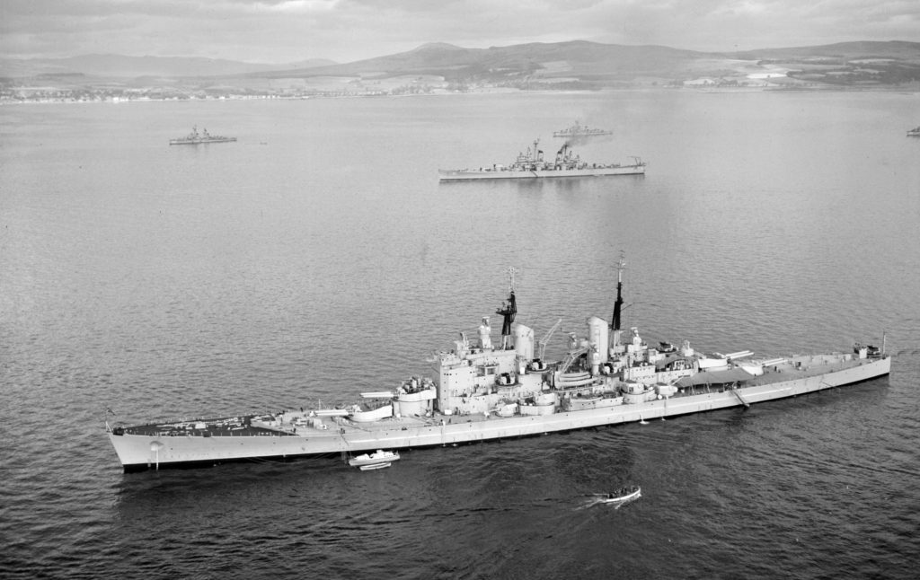 HMS Vanguard and USS Quincy (CA-71) at anchor in the Firth of Clyde, Scotland during Operation Mainbrace in September 1952