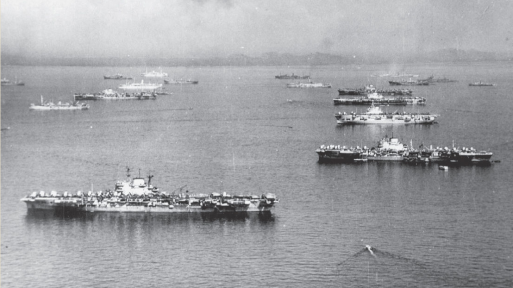 HMS Victorious is nearest the camera. On the row to the right are HM ships Formidable, Unicorn, Indefatigable and Indomitable San Pedro Bay Leyte 1945 Task Force 57