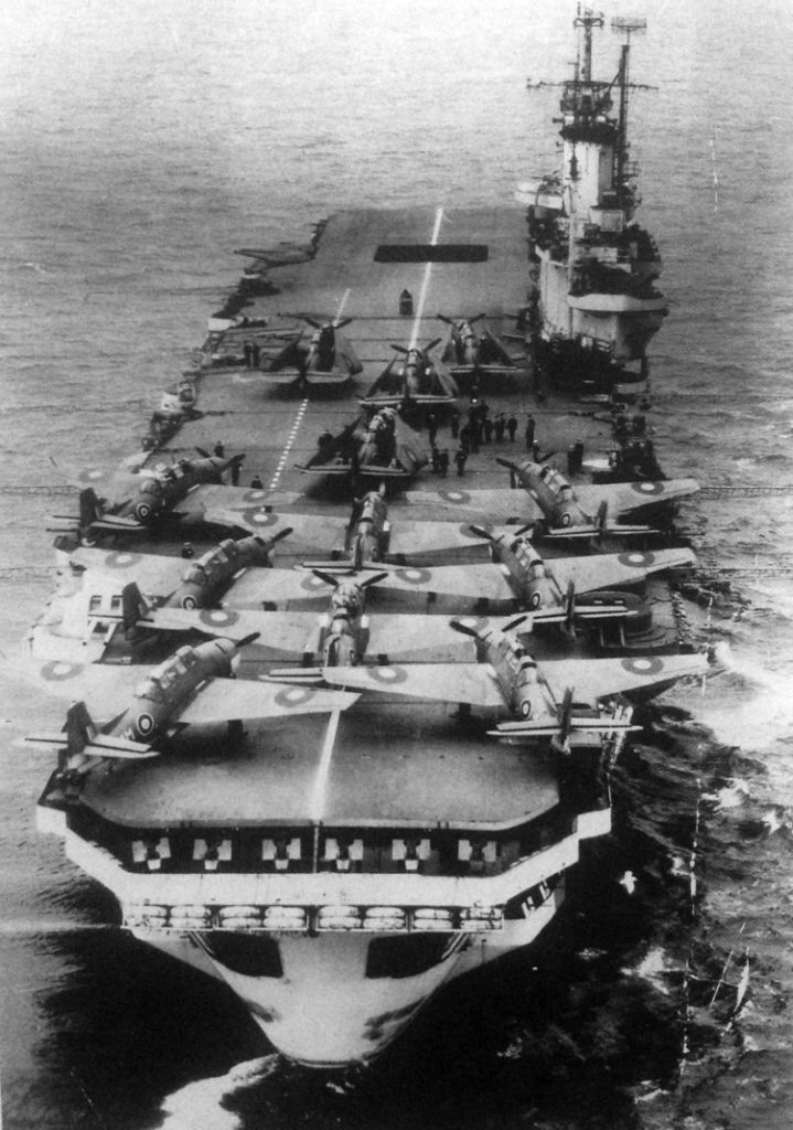 HMS Indomitable in April 1944 carrying Avengers.