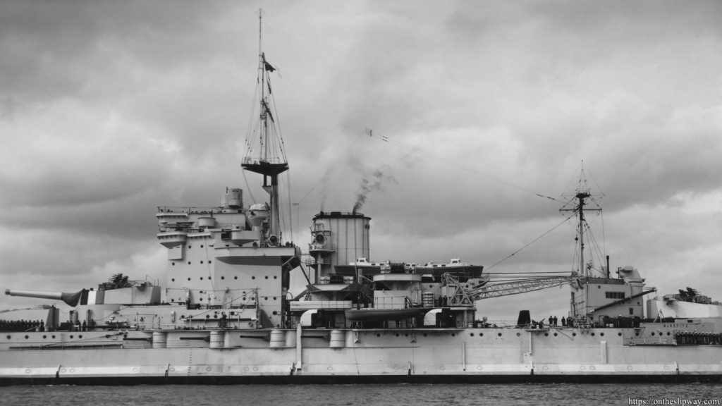 Midships image of HMS Warspite after her reconstruction, July 1937