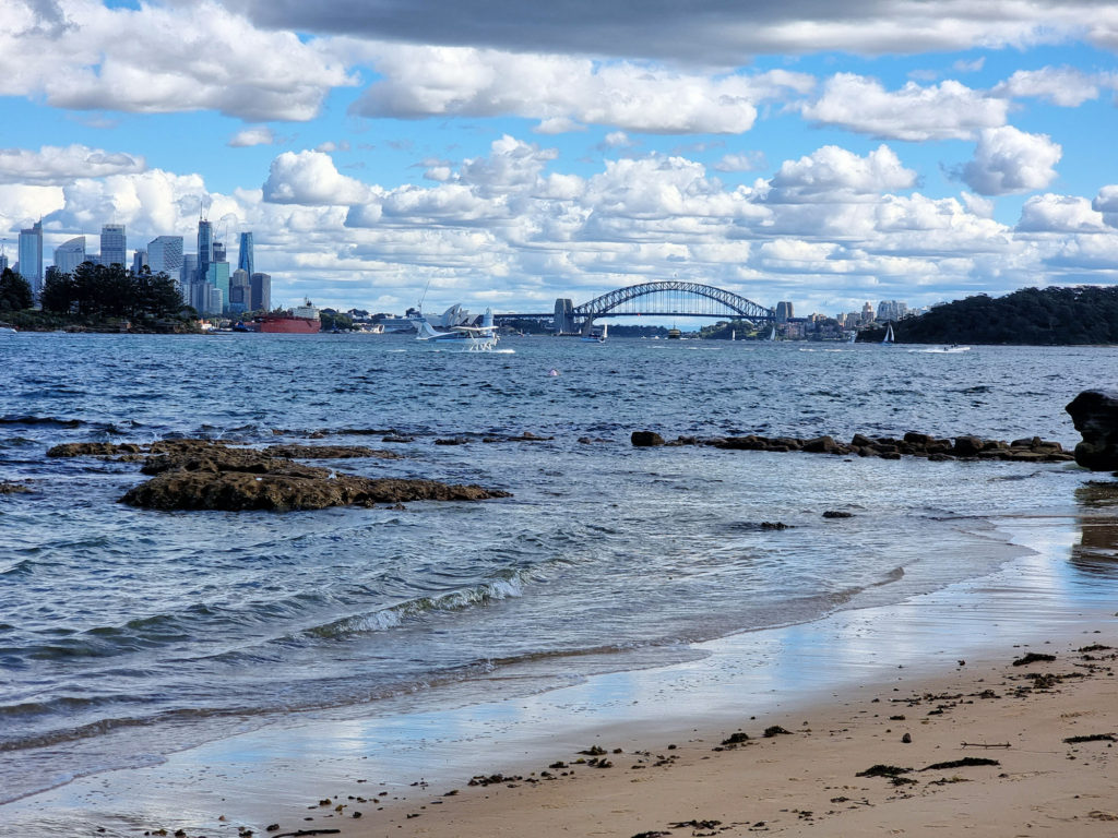 View across the Sydney Harbour with a seaplane about to take off