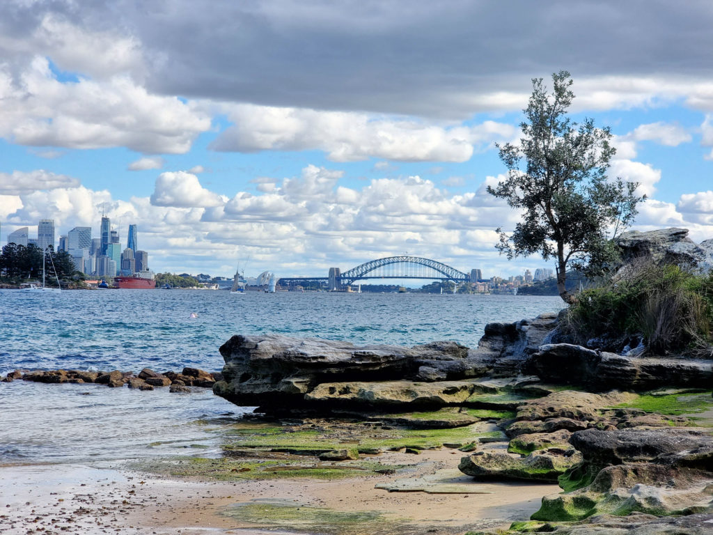 View across Sydney Harbour to the bridge Hermitage Foreshore Walk